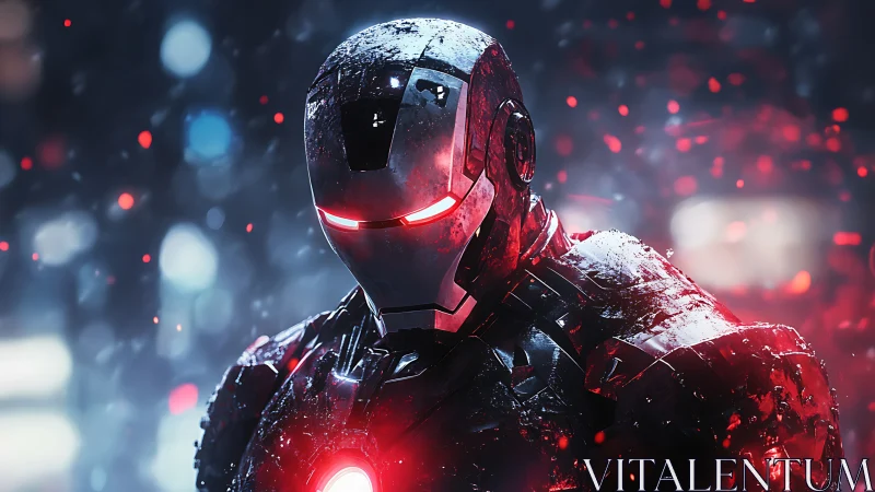Battle-damaged armored exosuit under volumetric red particle lighting