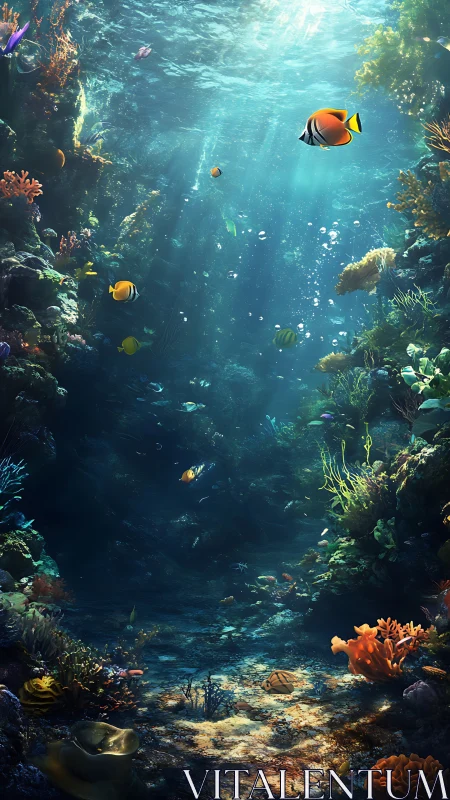 Sunlit coral reef canyon with tropical fish drifting below.