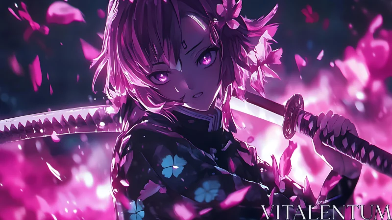 Anime swordswoman amid glowing pink petals at night.