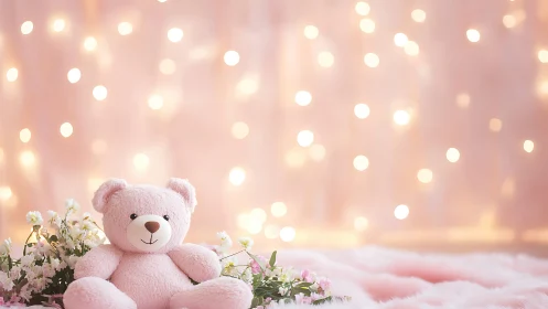 Pink teddy bear sits on fluffy surface with floral accents
