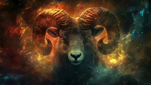 Cosmic ram portrait glows within swirling nebula halo.