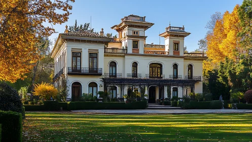 Historic villa facade framed by manicured autumn garden.