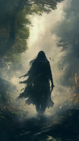 Shadowed wanderer walks calmly through a misty forest path