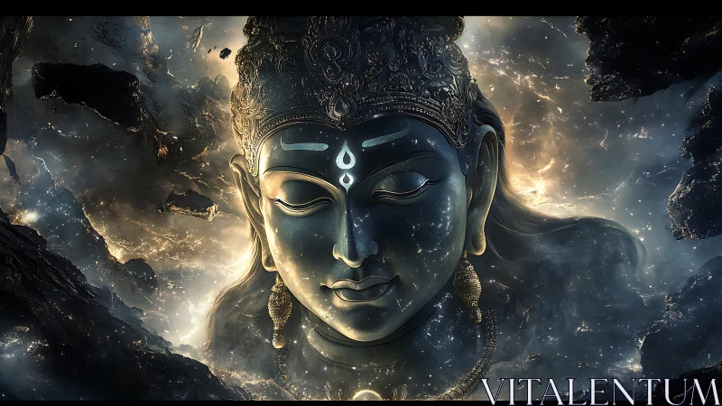 Serene cosmic deity resting in a glowing starlit void.