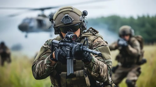Tactical assault team in live-fire rotary-wing exercise.