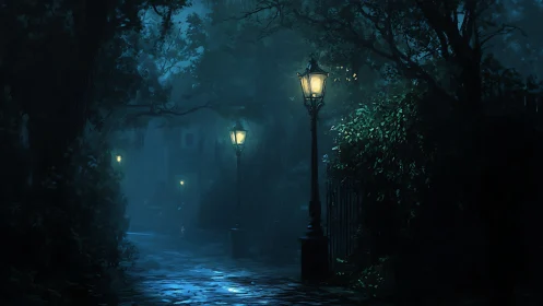 Nighttime path is illuminated by lampposts under dense foliage