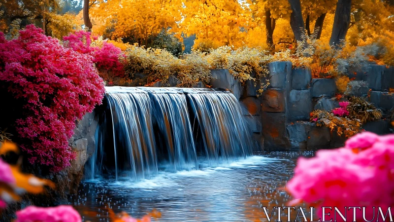 Vibrant garden waterfall rendered in hyper-saturated color contrast