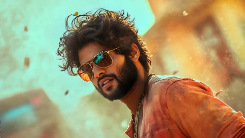Man with sunglasses in warm cinematic street scene.