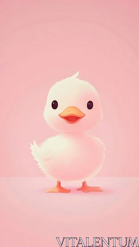 Fluffy White Duckling Standing Centered on Pink Background.