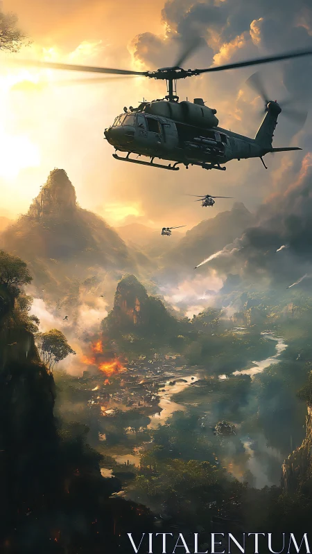 Warbirds carve dusk skies above blazing jungle valley.