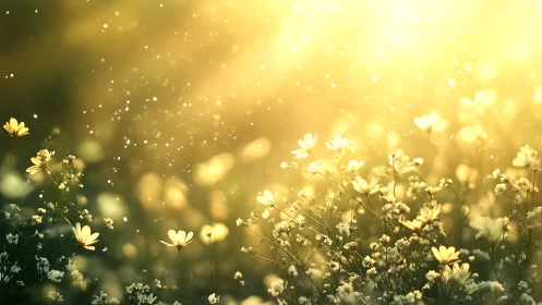Wildflower meadow glows under golden backlit sunset haze.