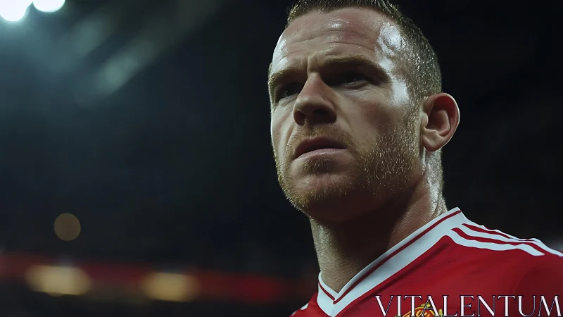 Football player in red jersey is viewed from low camera angle