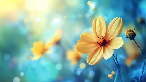 Golden Cosmos Flower with Soft-Focus Bokeh Background and Rendered Depth