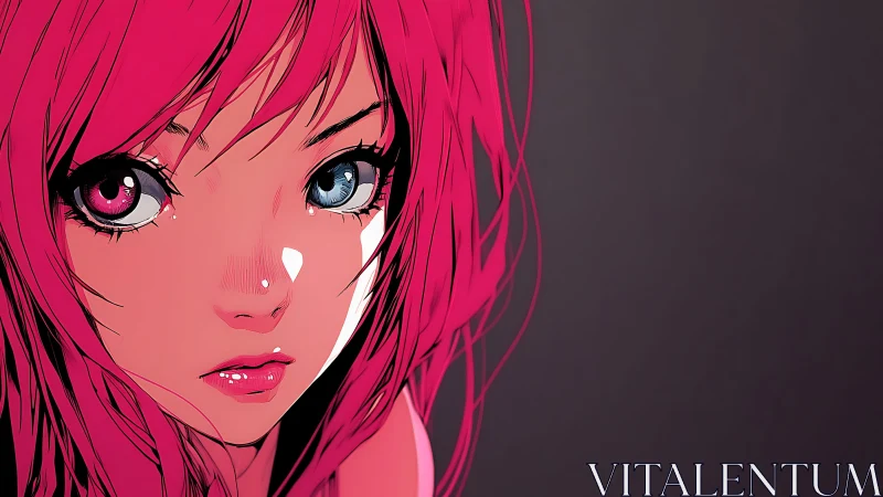 Pink-haired heterochromatic anime portrait on dark ground.