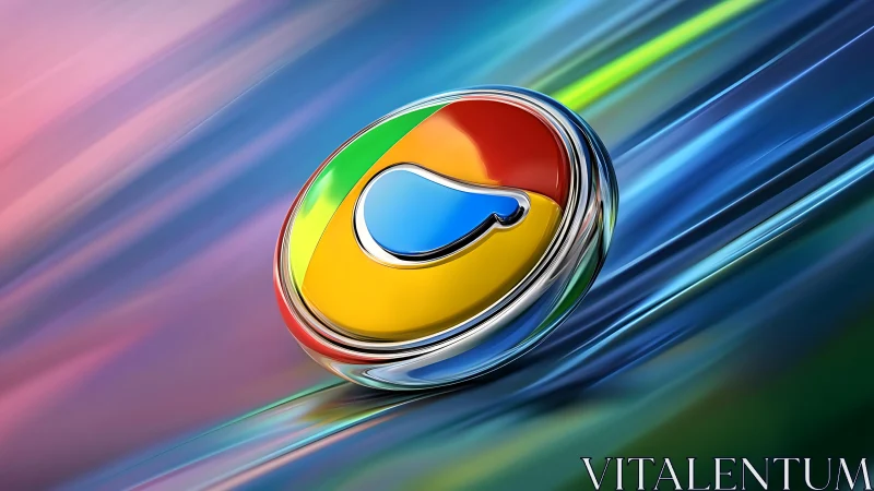 Chrome inspired 3D emblem on abstract motion background.