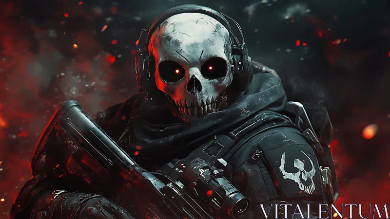 Tactical skull-masked operator in burning embers environment