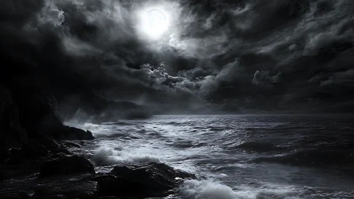 Moonlit storm sea is rendered with high-contrast grayscale lighting