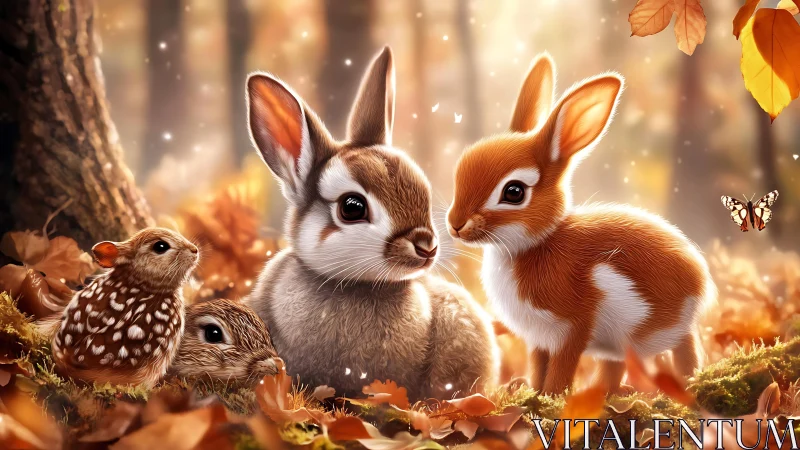 Autumn forest wildlife group rendered with high-detail fur shading