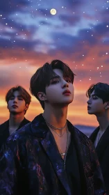 Idol trio under twilight sky with moonlit, glowing bokeh stars.
