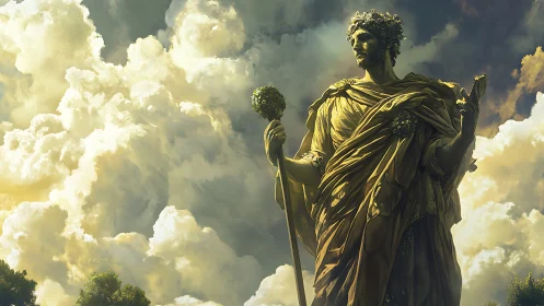 Monumental divine statue against dramatic cumulus skyscape.