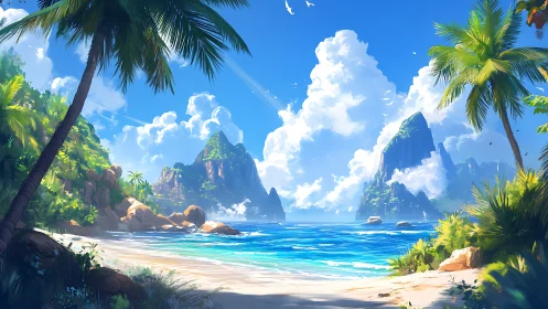 Tropical island beach with dramatic limestone cliffs and clear water