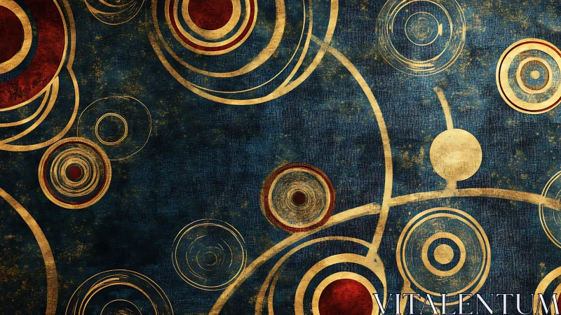 Abstract gold and red concentric circles on textured blue background.