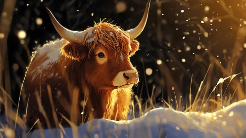 Highland cow in golden winter backlight, snow drifting softly.