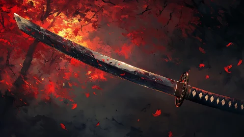 Katana blade in red autumn foliage with dark background.