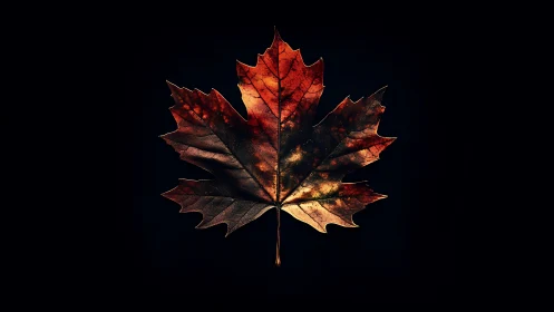 Autumn maple leaf glows against a deep black background.