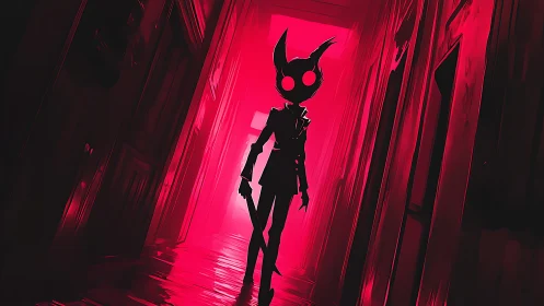 Stark horned silhouette stalking a red neon hallway.