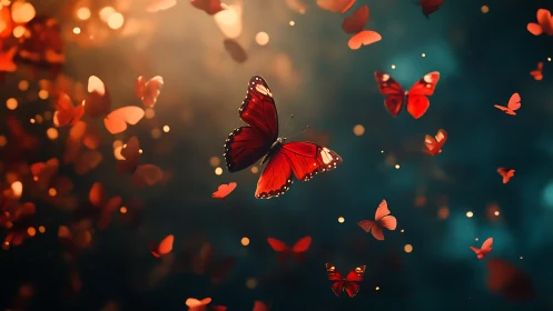 Radiant crimson butterflies drifting through bokeh dusk.