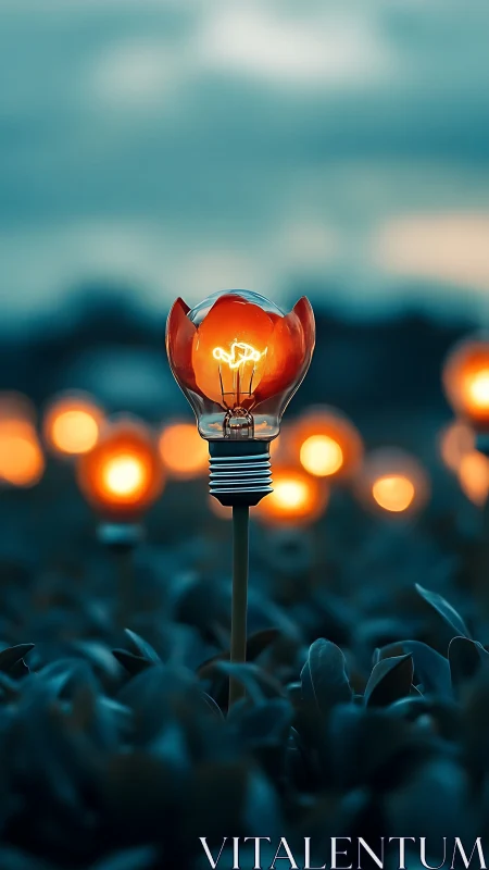 Glowing cracked light bulb blooms over teal foliage at dusk.