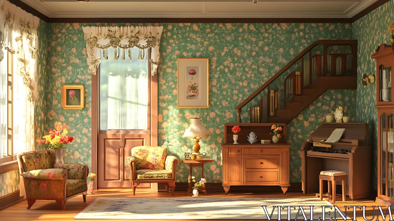 Sunlit floral parlor where vintage melodies softly linger.