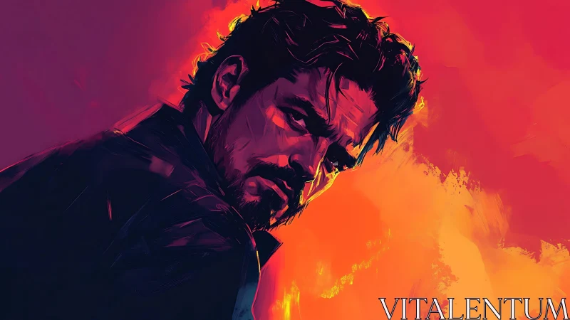 Brooding neon hero leans into a storm of molten color