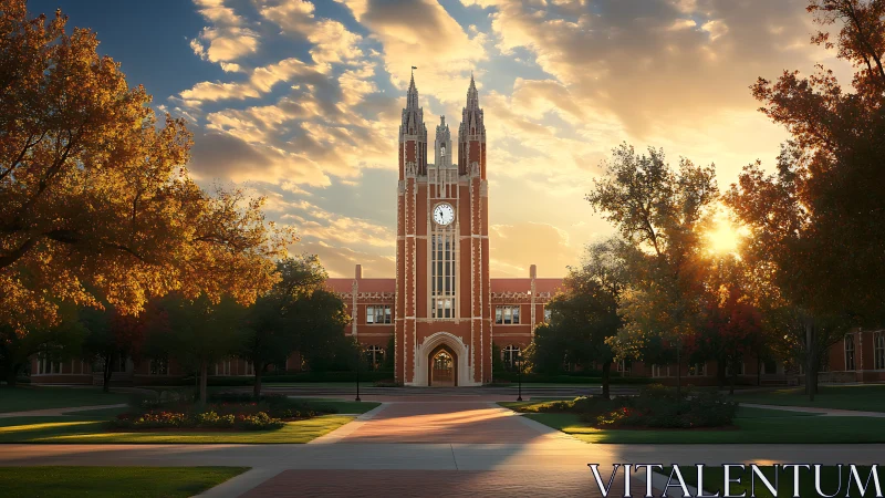 Gothic brick campus clock tower framed by autumn foliage at dusk