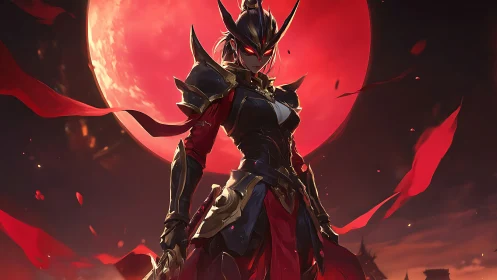 Armored crimson warrior under eclipsed blood-red moon.