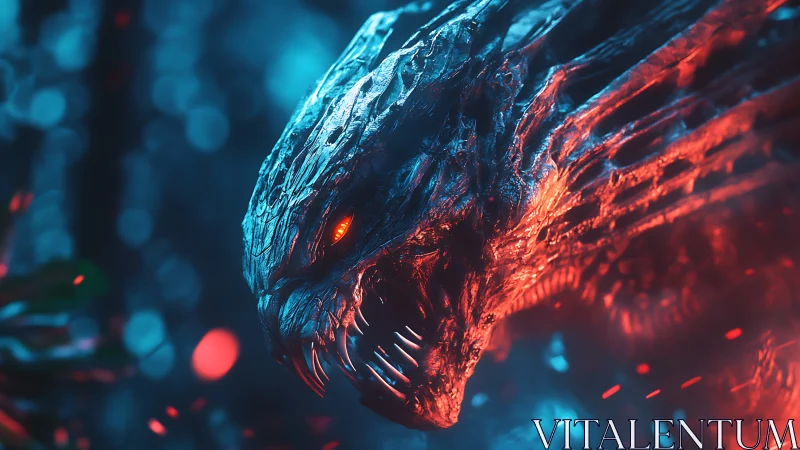 Molten cyber dragon lunging through neon embers at dusk.