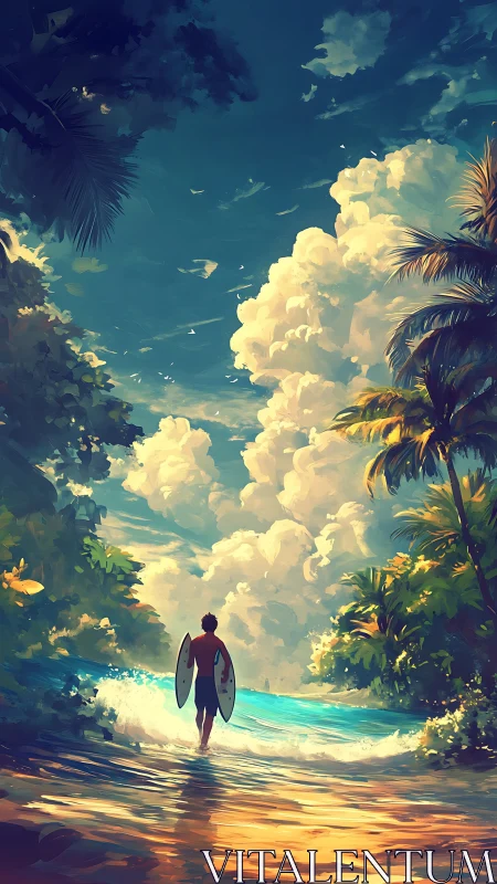 Young surfer walking toward glowing turquoise waves.