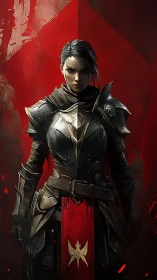 Battle-scarred dark knight stands before crimson standard