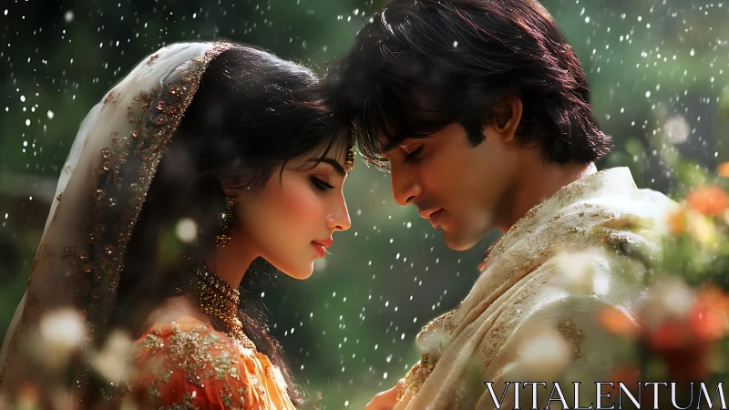 Bride and groom share a tender moment in falling rain