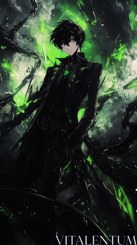 Mystical dark mage stands wrapped in glowing green power