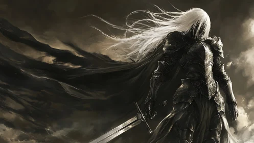 Dark armored swordsman with flowing white hair in storm.