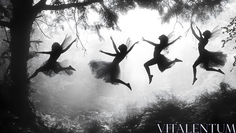 Joyful forest fairies leaping together in soft morning light.