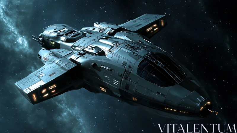 Armored deep-space gunship rendered in cinematic 3D detail