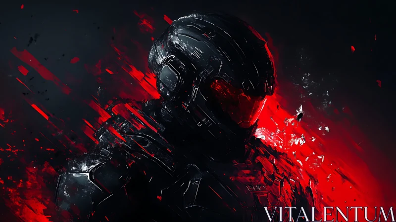 Cybernetic soldier emerges through red fractured light.