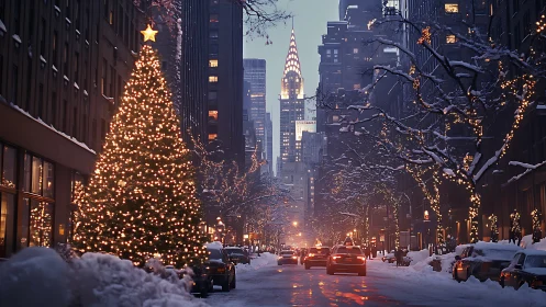 Snowy city street glowing with cozy holiday lights at dusk.
