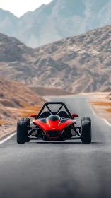 Photorealistic red track car on isolated desert highway frontview.