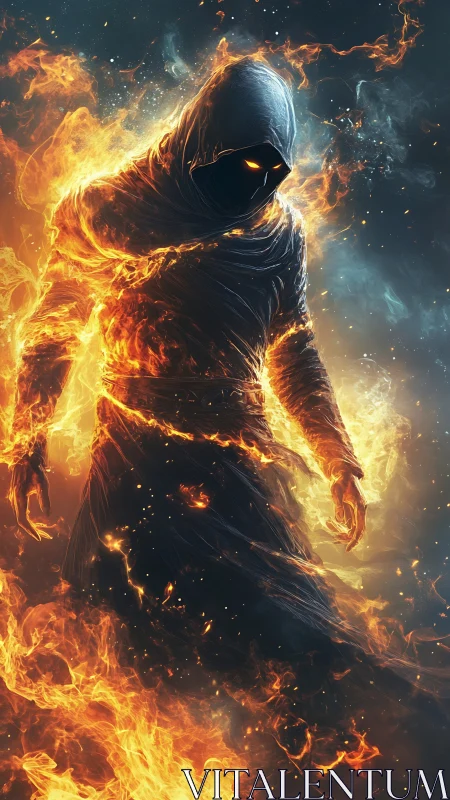 Hooded ember wraith strides through a storm of living fire.