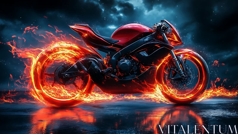 Flaming red superbike stands on wet asphalt under storm clouds