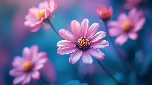 Pink Daisies with Golden Centers Against Blue Background